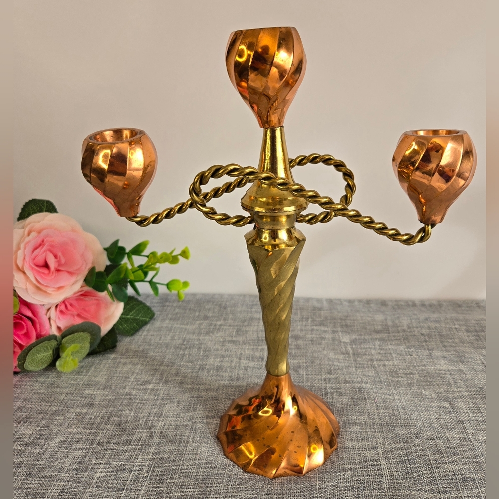 Vintage Copper &‎ Brass Candelabra 3 Arms, With Brass Rope Arms